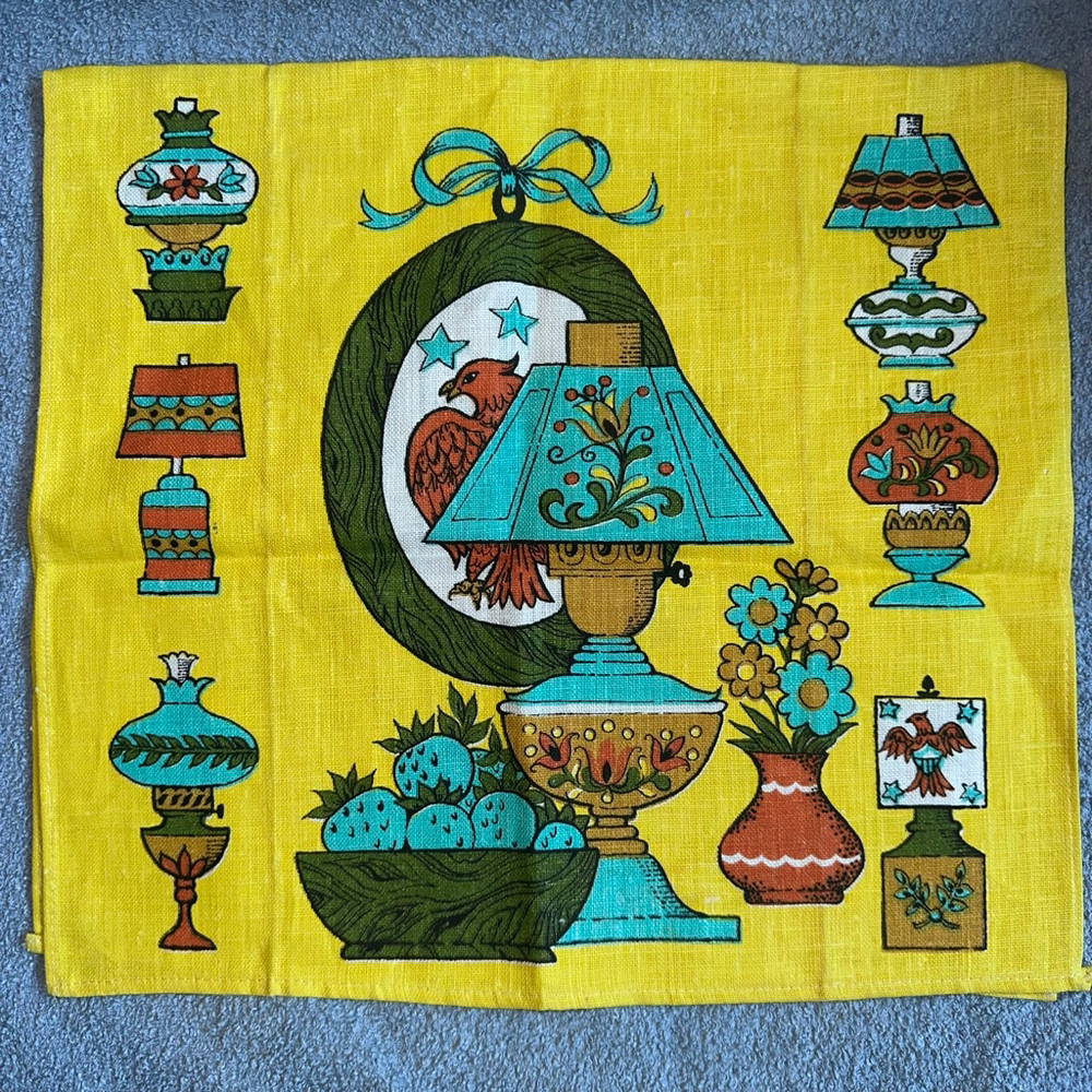 NOS Vintage Parisian Prints Linen Tea Towel Lamps Patriotic Eagle 28 X 16 MCM